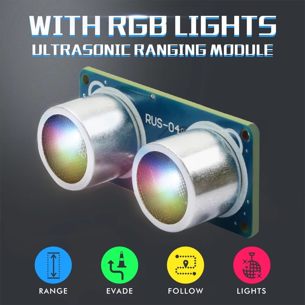 Ultrasonic Sensor Hc-Sr04 - HC-SR04/RUS-04 โมดูลอัลตราโซนิกเซ็นเซอร์วัดระยะห่าง รถหุ่นยนต์หลบหลีกสิ่งกีดขวางพร้อมไฟ RGB สีสันสดใส